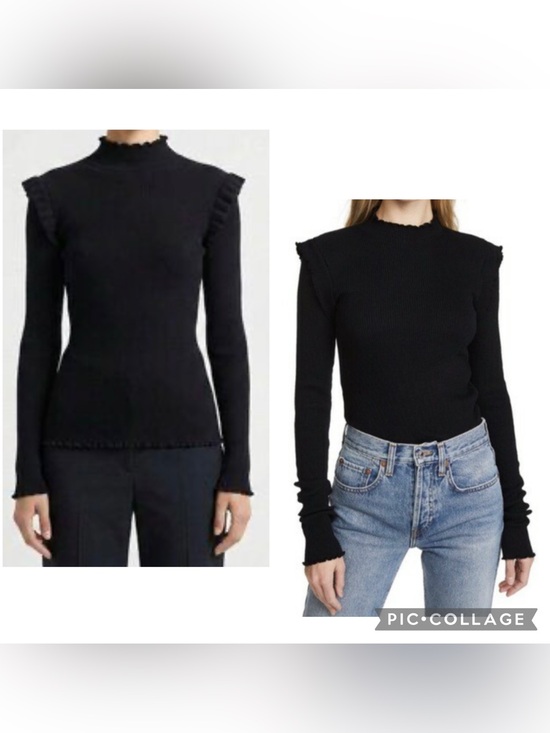 Current/Elliott Tops - CURRENT/ELLIOTT Women’s Black THE RUFFLE RIB TOP Long Sleeve Knit Ruffle Size M